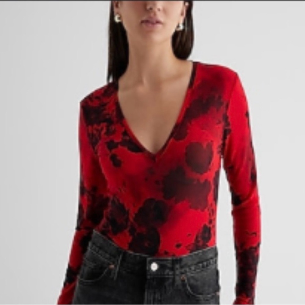 Express Red and Black Floral V-Neck Bodysuit